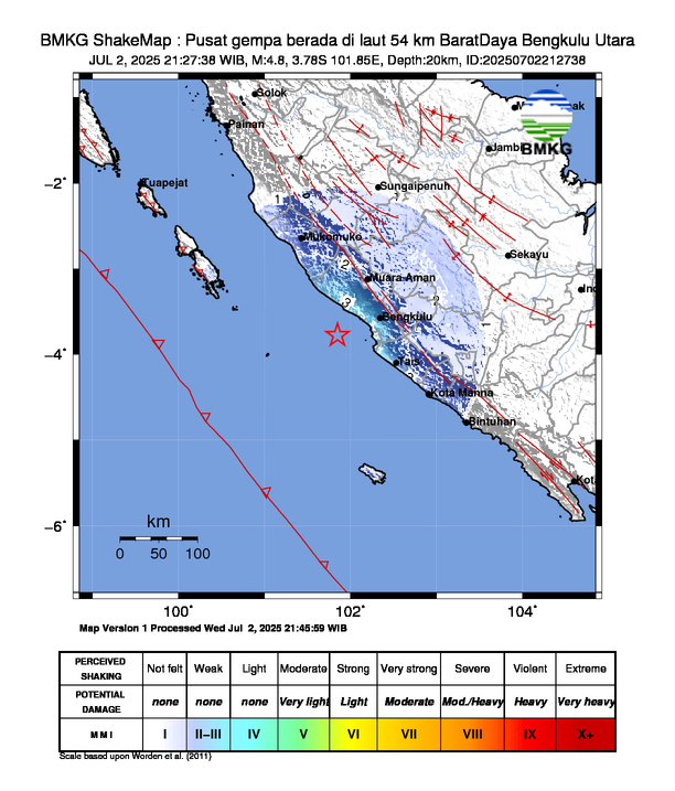 infoBMKG's tweet photo. #Gempa (UPDATE) Mag:4.8, 02-Jul-25 21:27:38 WIB, Lok:3.78 LS, 101.85 BT (Pusat gempa berada di laut 54 km BaratDaya Bengkulu Utara), Kedlmn:20 Km Dirasakan (MMI) III Kota Bengkulu, III Bengkulu Utara, II-III Kepahiang, II-III Rejang Lebong #BMKG https://t.co/qlZAC75ppz