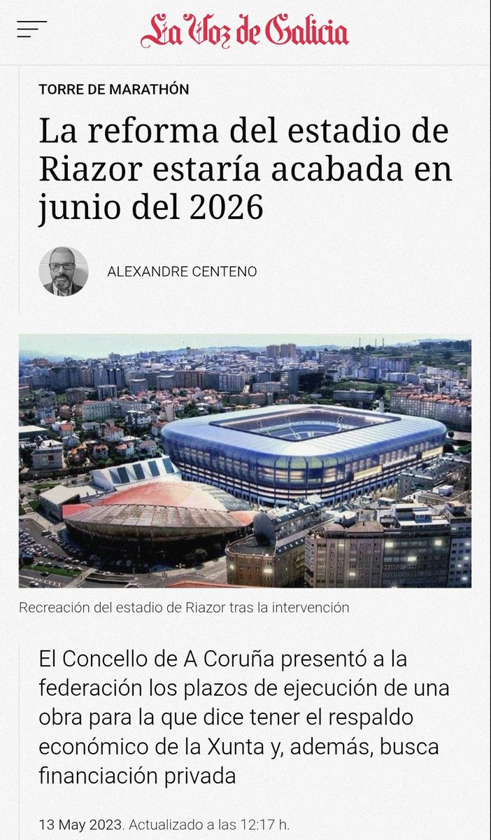 cortelloacoruna's tweet photo. En el Plan de Ejecución del Proyecto de Reforma del Estadio de Riazor que @inesreygarcia y Gonzalo C. enviaron a la RFEF el 12/05/2023 se comprometían a iniciar obras en junio 24 y finalizarlas junio 26.
Pero a día de hoy seguimos sin nada.
A este paso ni para Mundial 2034... https://t.co/JTwK6v4ykh