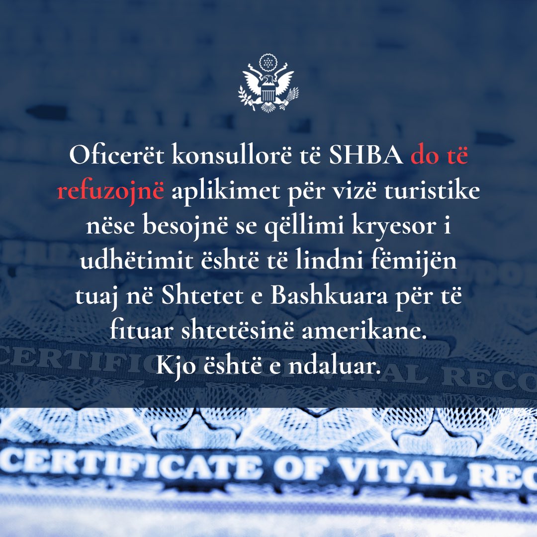 USEmbassyTirana's tweet image. Using your tourist visa to travel for the primary purpose of giving birth in the United States to obtain citizenship for your child is not permitted and may result in visa denial.
#securingusborders