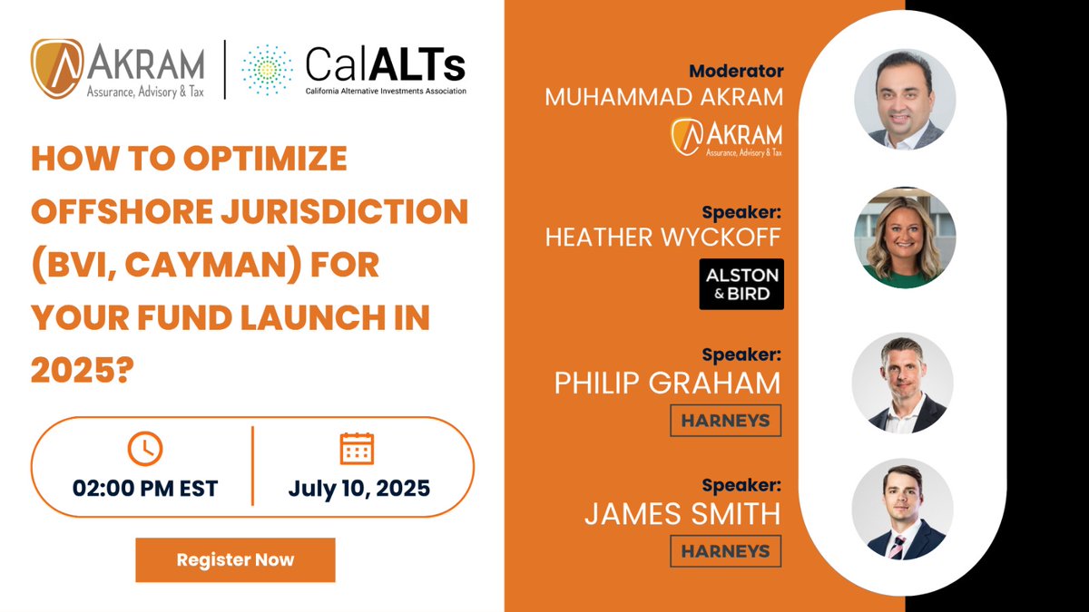 Join Philip Graham, our Global Head of Investment Funds and Digital Assets, and James Smith, Head of our Cayman Transactional Team, alongside Muhammad Akram (Akram | Assurance, Advisory &amp; Tax Firm) and Heather Wyckoff (Alston &amp; Bird) in a focused webinar hosted by Akram and