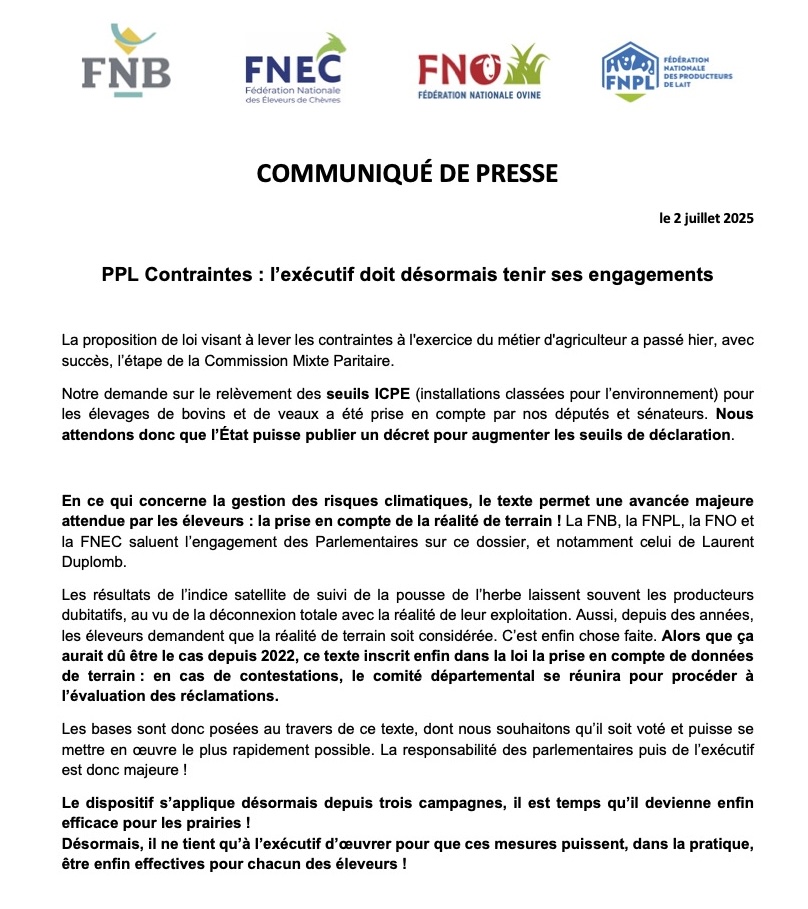 Communiqué de presse : PPL Contraintes : l’exécutif doit désormais tenir ses engagements #ceuxquifontlelait