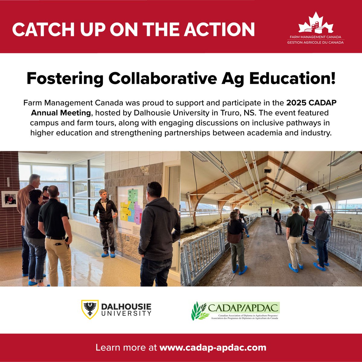 FMC_GAC's tweet image. Farm Management Canada was proud to support and participate in the 2025 CADAP Annual Meeting hosted by Dalhousie University in Truro, NS. The event featured campus and farm tours and engaging discussion and planning to strengthen ties between academia and industry. Learn more at…