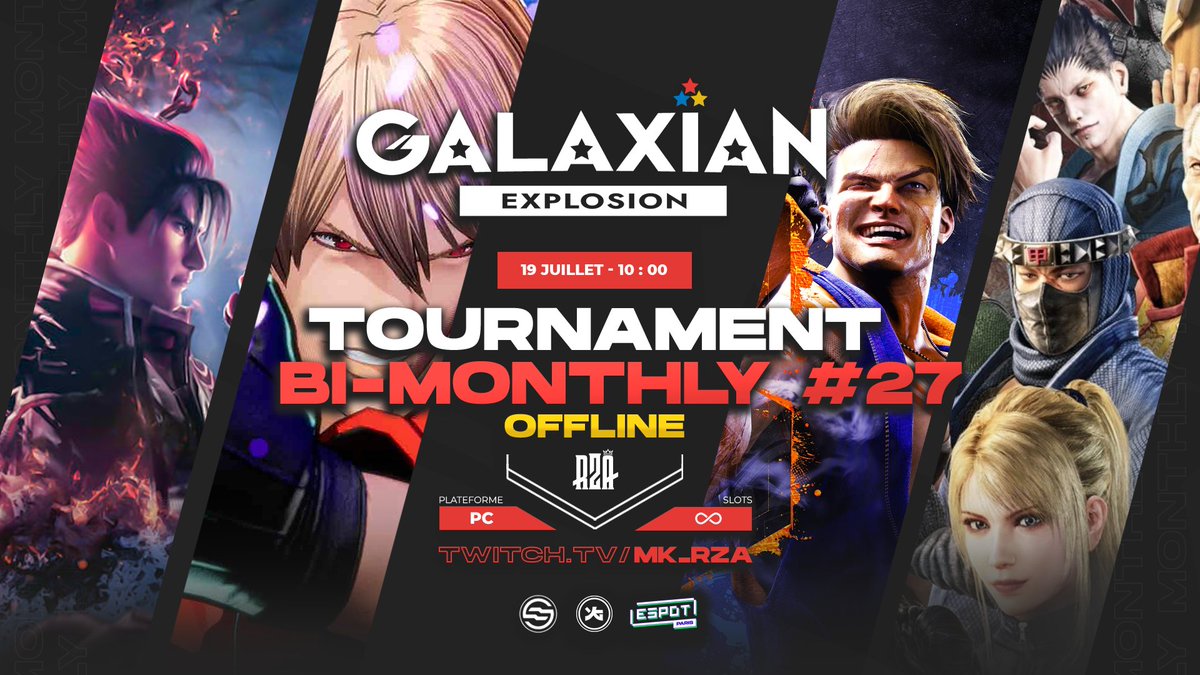 Hop hop, le Galaxian Explosion Bimonthly 27 aura lieu le SAMEDI 19 juillet à <a href="/espotparis/">ESpot</a> 

Line up hyper musclé avec le retour d'un jeu qui était la au commencement ainsi que le premier bracket de France pour le nouveau jeu <a href="/ASW_official_EU/">Arc System Works EU</a> !

- Tekken 8 (Dojo 64)
- Street