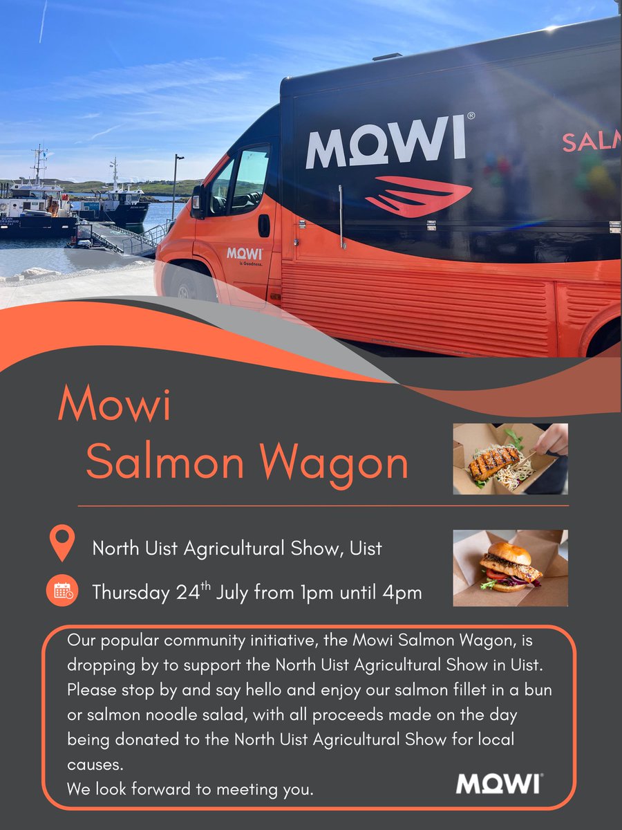 We are coming to the  North Uist Agricultural Show 🍣🚚
We will be serving our delicious salmon fillet in a bun and salmon noodle salad with all proceeds going to the show for local causes – come say hi and support your local community.
 
We look forward to meeting you 👋