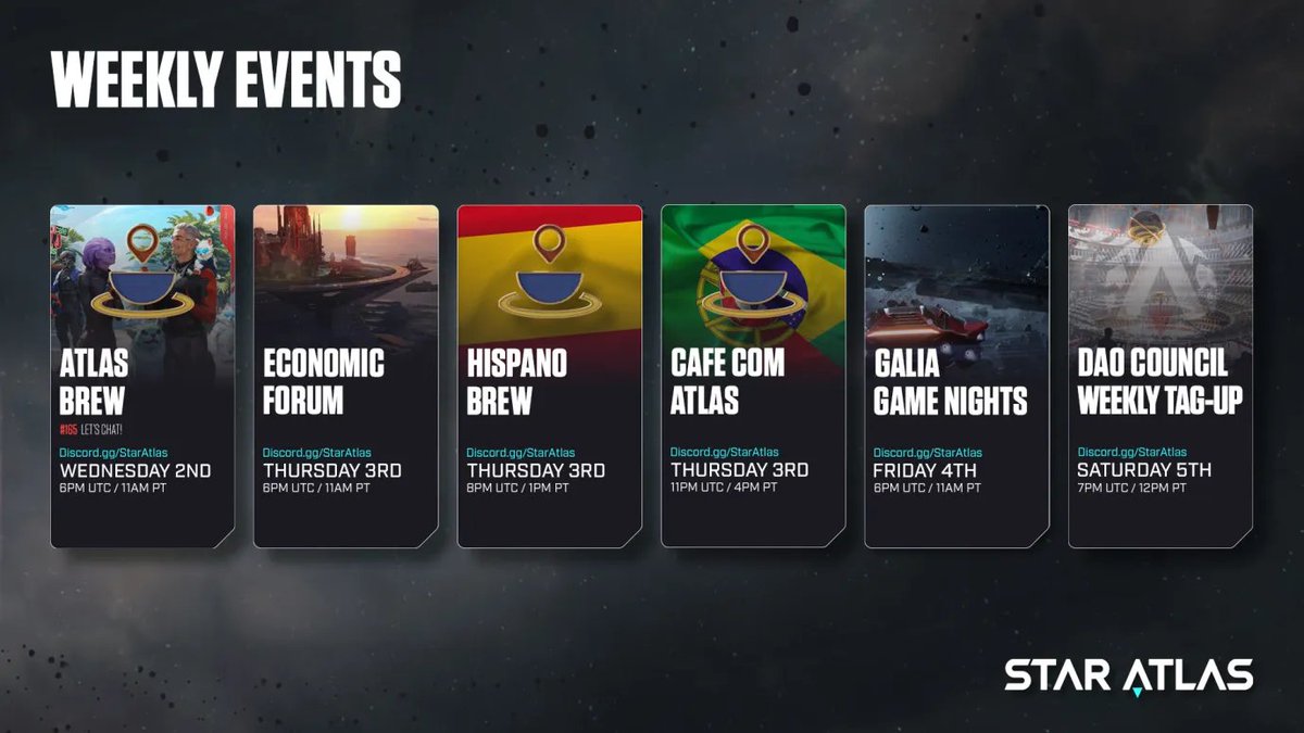 This week on the @StarAtlas Discord: 📅

Wed, 6PM UTC: Atlas Brew - Let’s Chat 🎙️
Thu, 6PM UTC: Economic Forum 🛠️
Thu, 8PM UTC: Hispano Brew 🌎
Thu, 11PM UTC: Café com Atlas 🍵
Fri, 6PM UTC: Galia Game Night 🎮
Sat, 7PM UTC: DAO Tag-up 🏛️

Join us 👇 
discord.gg/staratlas