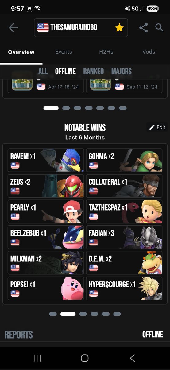 TheSamuraiH0B0's tweet image. first 6 months. good, very solid wins. majority of these are with DK though since yesterday marked my 2nd full month with yoshi. But gohma and DEM wins are with yoshi