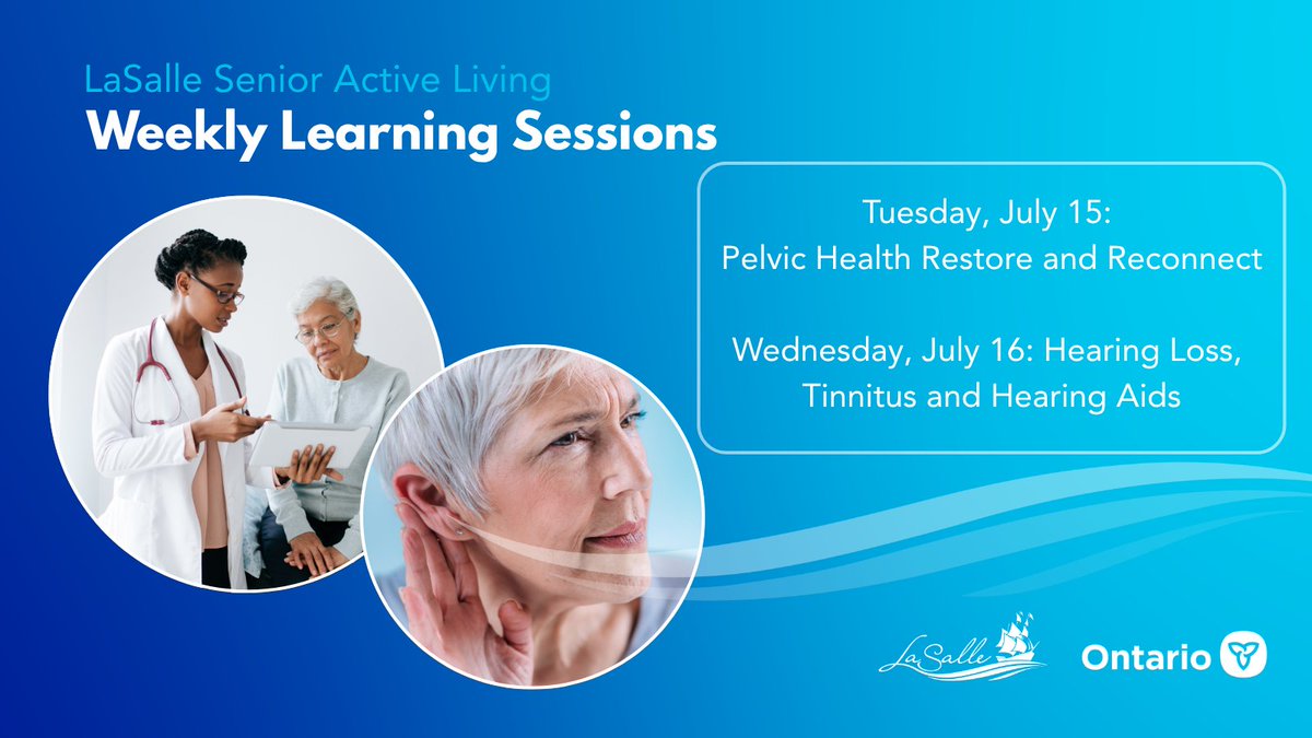 We are offering free programs to promote active living, for seniors. Ages 55+  
Registration is open:  

Tuesday, July 15, Pelvic Health 
Location: Vollmer Centre, 2121 Laurier Parkway
Visit: ow.ly/s97q50WbRlW

Wednesday, July 16, Hearing Loss Visit: ow.ly/bPAP50WbRlX