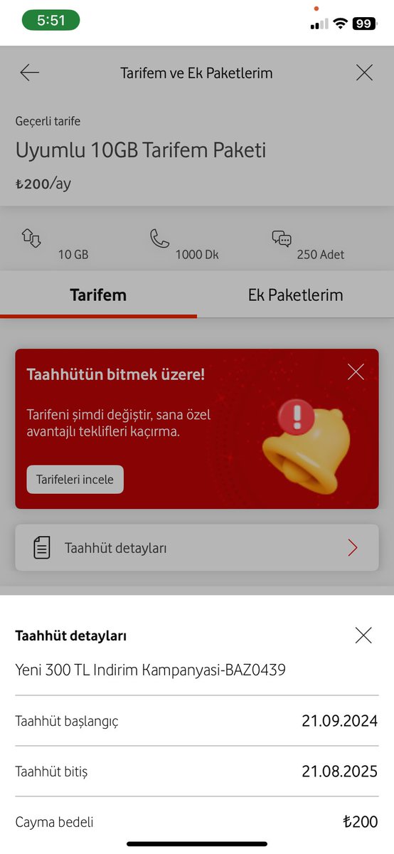 xyria's tweet photo. @VodafoneDestek geçen sene 12 aylık taahhütlü bir paket aldım. 09.21de başlayan paket neden 08.21’de yani 11 ayın sonunda bitiyor? https://t.co/Iy0yX07Tg4