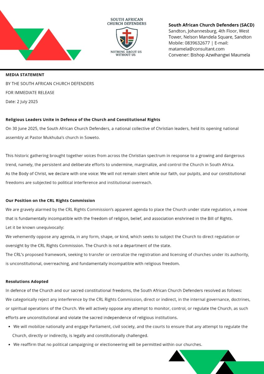SACD_Official's tweet photo. 📢 MEDIA STATEMENT

We are the South African Church Defenders (SACD) — a national collective of Christian leaders standing boldly for the protection of the Church and the constitutional freedoms of all believers in South Africa. ✊🏾✝️ https://t.co/tEO82YrhES