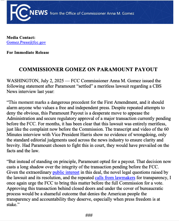 Instead of standing on principle, Paramount opted for a payout. That decision now casts a long shadow over the integrity of the transaction pending before the FCC.

I once again urge the FCC to bring this matter before the full Commission for a vote. 🧵