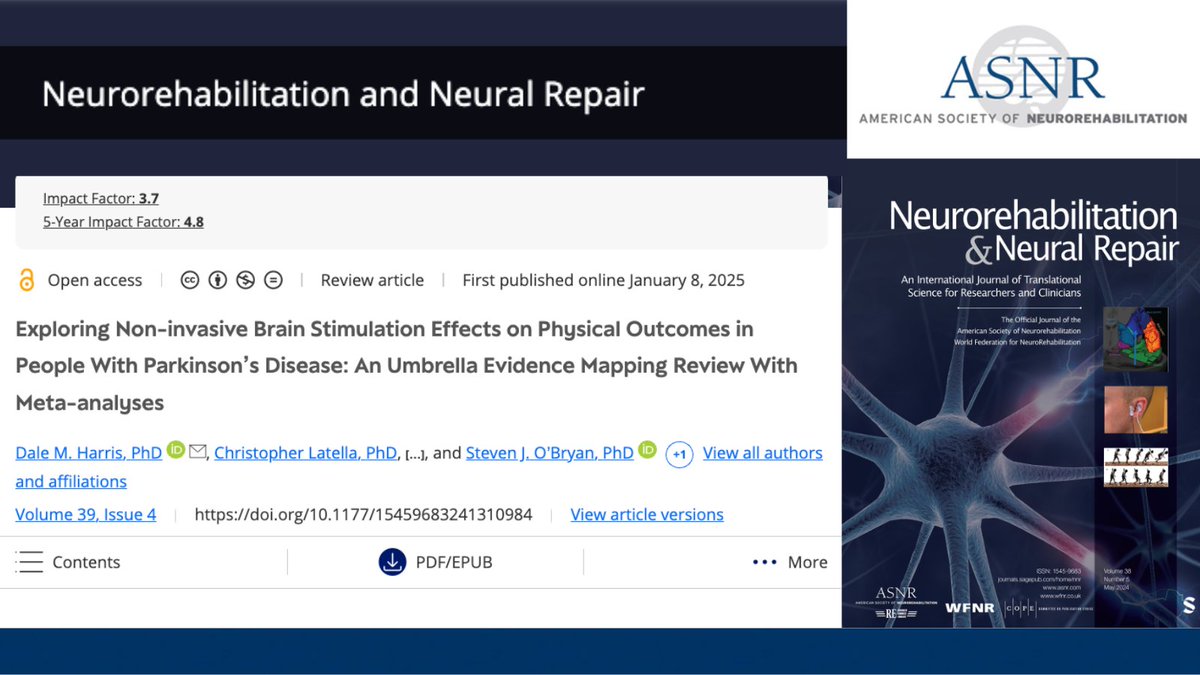 Results from this umbrella review indicate that non-invasive brain stimulation offers small-to-moderate benefits for motor function, functional mobility, &amp; freezing of gait in people with #Parkinsons disease, but it does not significantly affect balance.

journals.sagepub.com/doi/full/10.11…