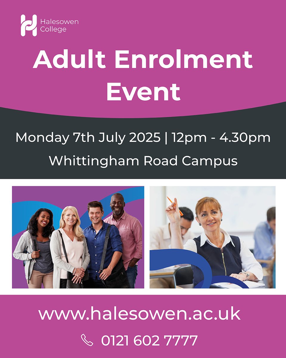 Join us for our adult enrolment event on Monday 7th July between 12pm-4.30pm where you can chat with our friendly members of staff, receive advice and apply for courses.

#CoursesForAdults #Enrolment #Event