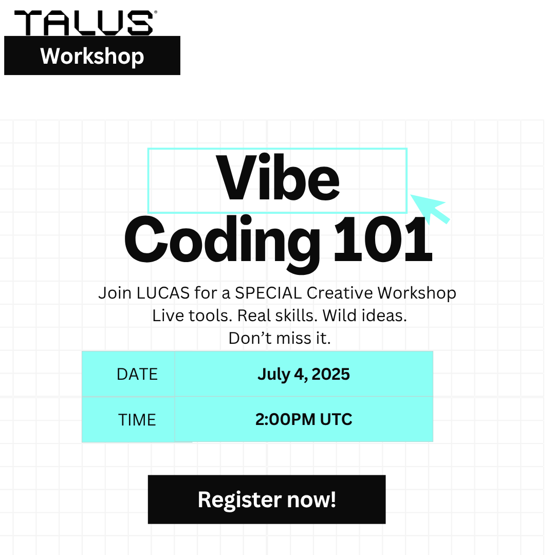 TalusNetwork's tweet image. Explore the creative side of coding this Friday with our Vibe Coding 101 Workshop hosted by @lucas__crespo

Learn how to get started with coding, how it&apos;s driven Web3 and AI innovation, and how to build projects that matter, all in a relaxed, open format 🙌