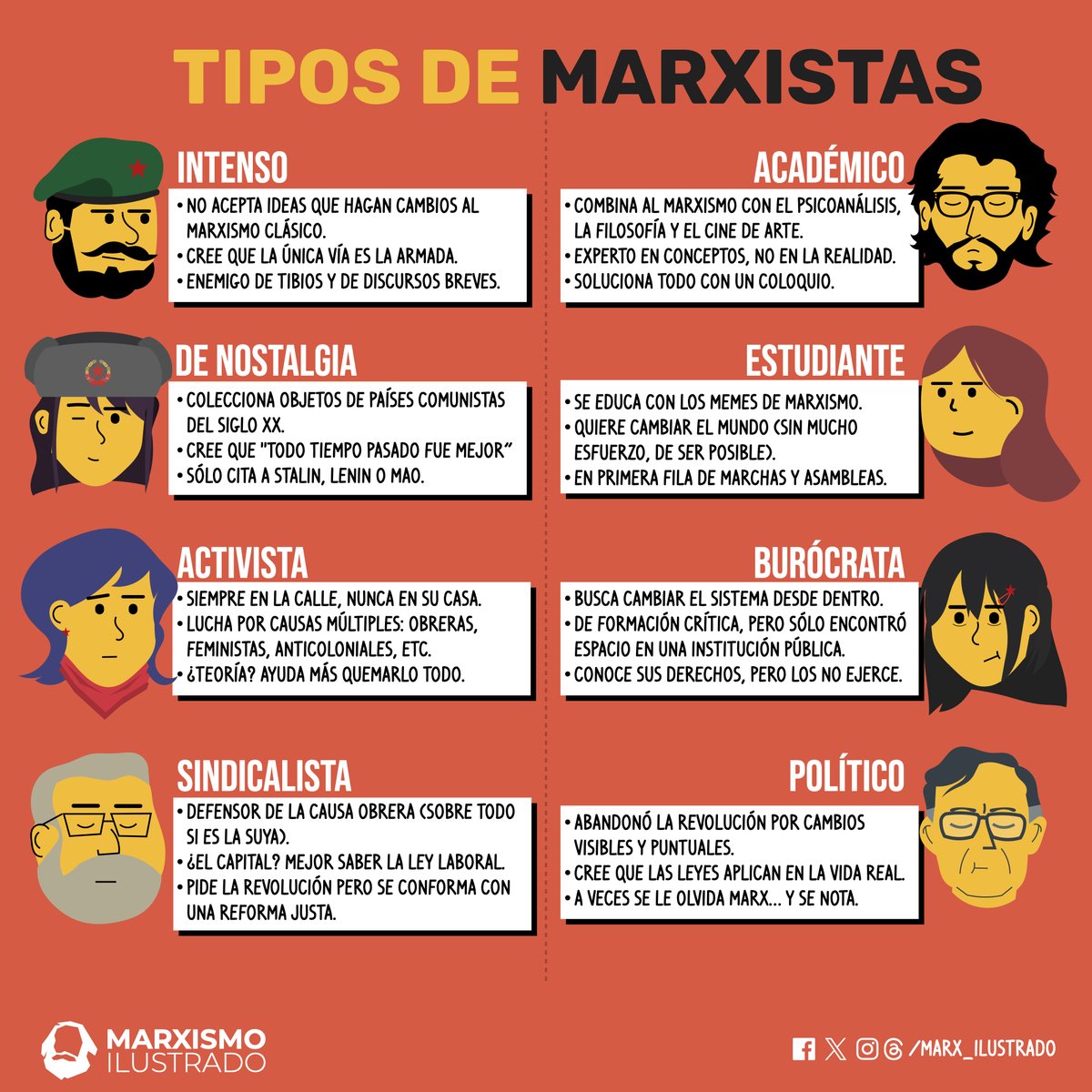 ¿Qué tipo de marxista eres? 🤔

Nos pusimos a imaginar con un poco de autocrítica,  humor y nada de seriedad, 😉 los tipos de marxistas más comunes. 😅 ¿Nos hizo falta alguno? ¿Conoces a alguien que te recuerde uno de estos tipos? 💭