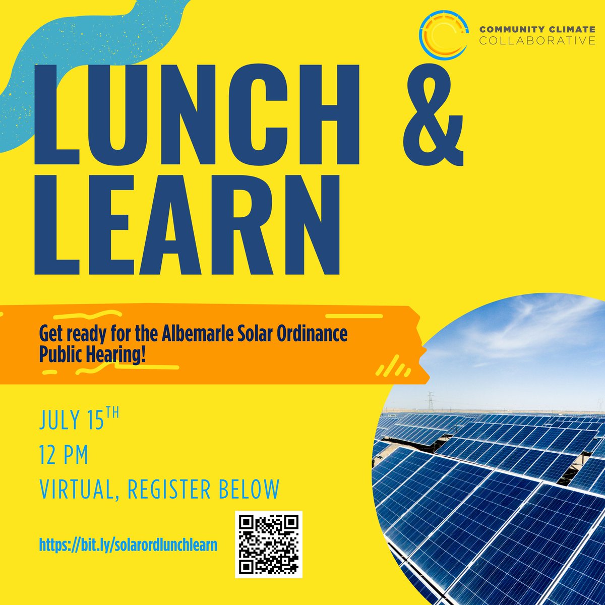 c3climate's tweet image. 📣 The Albemarle County Board of Supervisors meeting on the proposed solar ordinance is right around the corner on 7/16, and they need to hear from you!To help the community prepare to give public comment, C3 is hosting two educational events 🔗 Register:bit.ly/solarordlunchl…