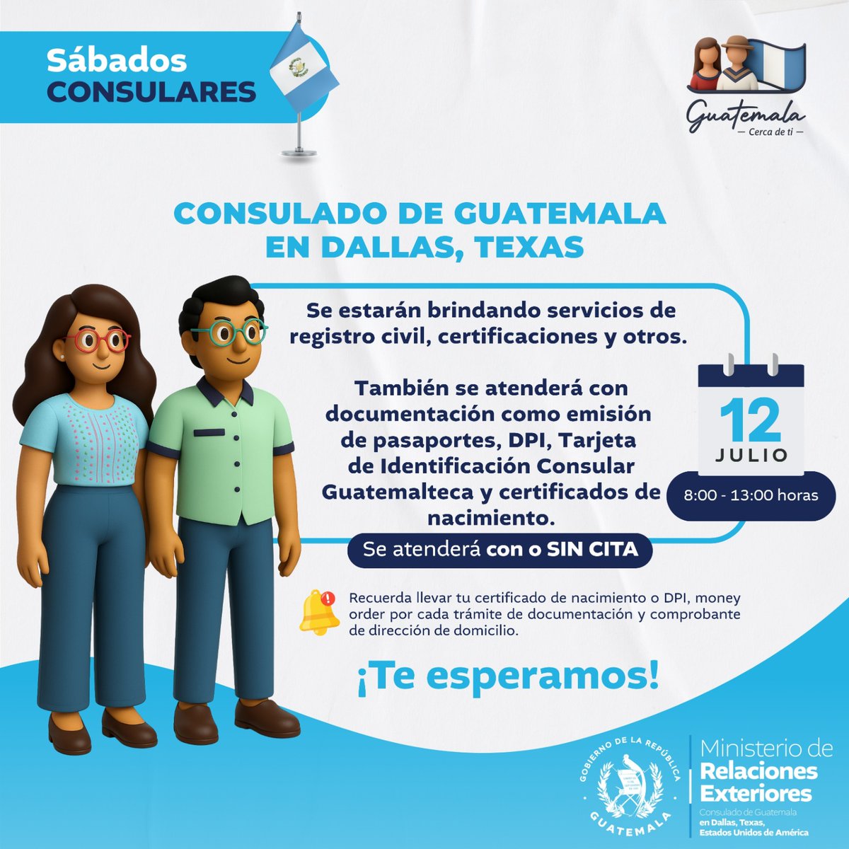 ¡Atención! Sábados Consulares con o sin cita. ¡Puedes agendar cita en #ConsulAppGuate o minex.gob.gt! Te esperamos el 12 de julio.
#GuatemalaCercaDeTi🇬🇹