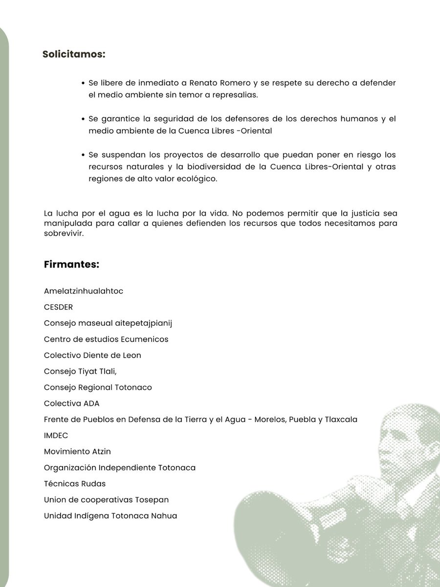 ⚠️#LibertadParaRenato| Defensor de #Agua y el #Territorio en la Cuenca Libres Oriental en #Puebla. Detenido el día de ayer, hoy será su audiencia. 

📣Rueda de Prensa hoy 9:30

🔻Exigimos su inmediata liberación y su integridad física <a href="/julioastillero/">Julio Astillero</a> -<a href="/Mecanismo_MX/">Mecanismo de Protección Federal</a> <a href="/CNDH/">CNDH en México</a> <a href="/OACNUDH/">OACNUDH</a>