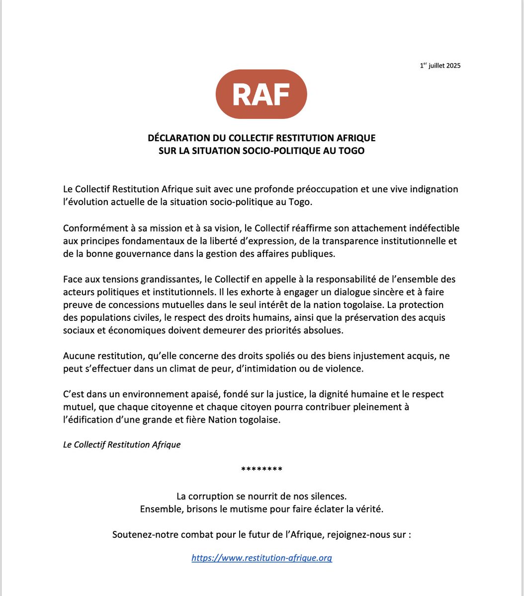 Déclaration de notre Collectif Restitution #Afrique sur la situation socio-politique au #Togo 🇹🇬

Nous suivons avec une profonde préoccupation et une vive indignation l'évolution des événements.

Retrouvez notre déclaration sur notre site officiel : restitution-afrique.org/news-posts/sit…