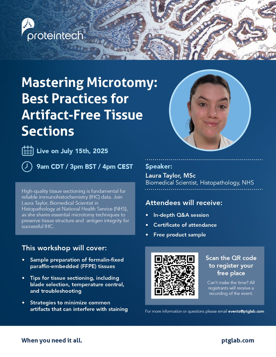 Proteintech's tweet image. Join us for an online workshop on optimizing microtomy for IHC tissue staining.
📅July 15
🕓 9 am CDT | 3 pm BST | 4 pm CEST
Enjoy a live Q&A, certificate of attendance and free product sample!
🔗Sign up here: ow.ly/3VvH50WhotB
#Microtomy #IHC #ProteintechEvents