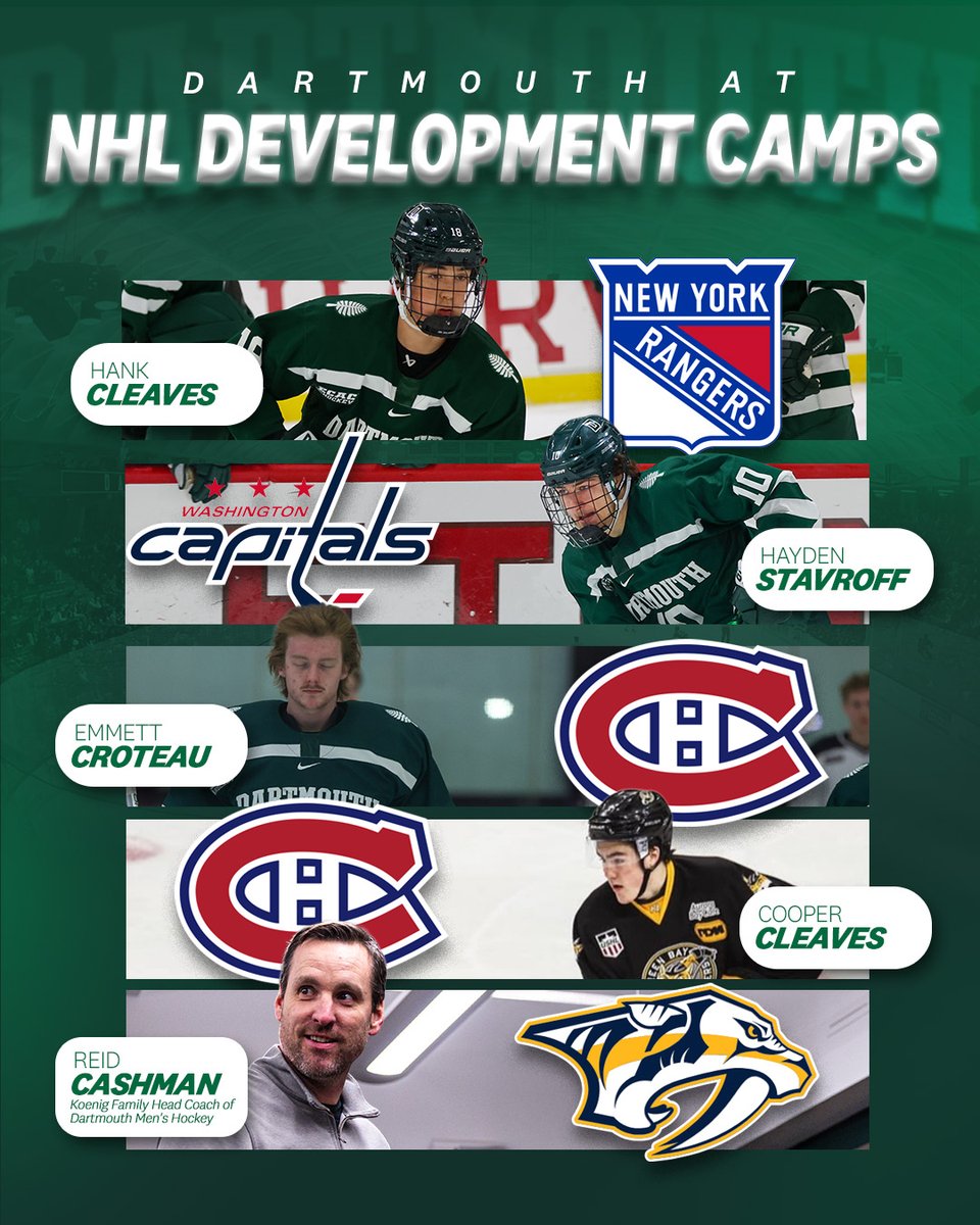 It's officially camping season!

We have 9️⃣ players at NHL Development Camps while Koenig Family Head Coach of Dartmouth Men's Hockey, Reid Cashman is coaching at Nashville's development camp!

#GoBigGreen | #TheWoods🌲