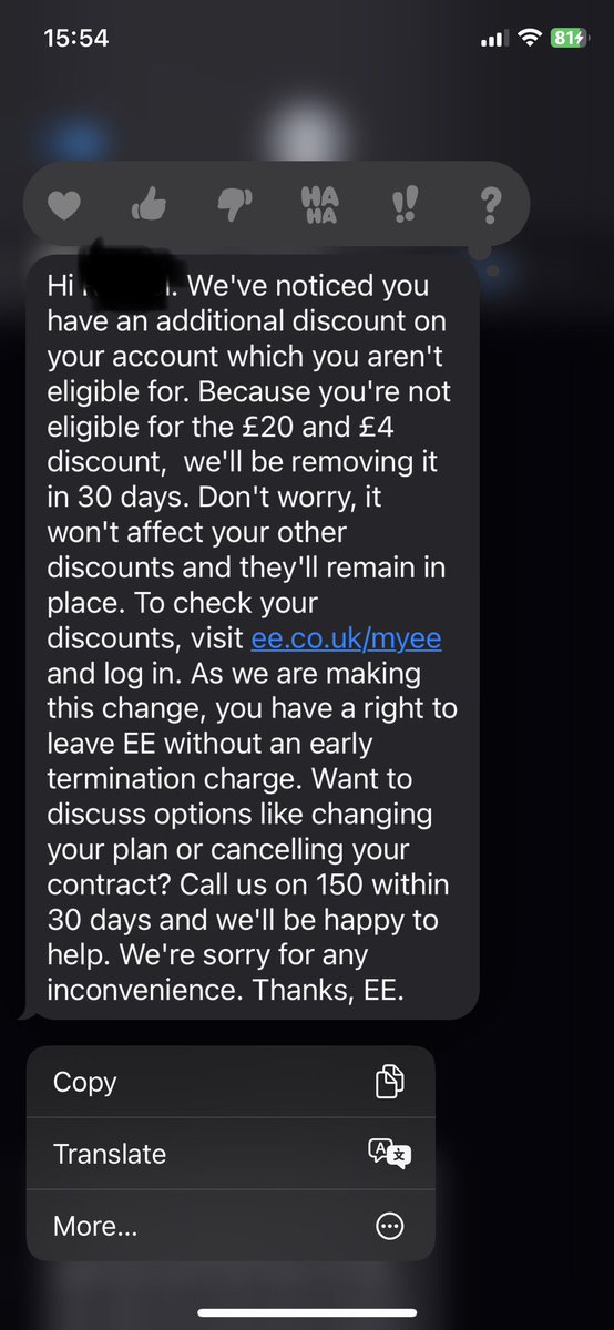 bethargg's tweet photo. @EE This isn’t a way to inform customers that their plan will be increasing by £66 p/m. The texts don’t conform to Ofcom’s rules; there’s no clear breakdown of the new charges/explanation of the impact, and weren’t sent in a durable format (email/letter). Just vague promo-like SMS. https://t.co/5WDZeIr3ZB