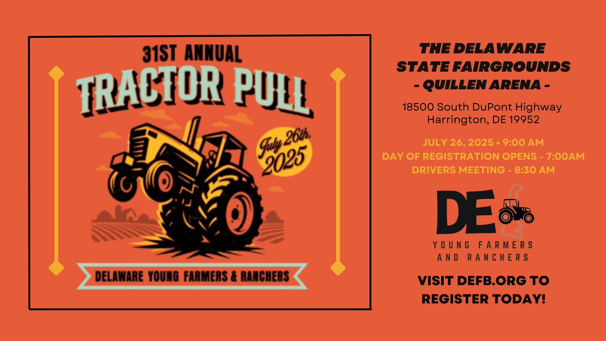 DEFB Young Farmers &amp; Ranchers (YF&amp;R) are excited to host their 31st Annual Antique Tractor Pull! This year's Tractor Pull will take place on Saturday, July 26, the last day of the Delaware State Fair, in the Quillen Arena at the fairgrounds. 

defb.org/yfr/antique-tr…