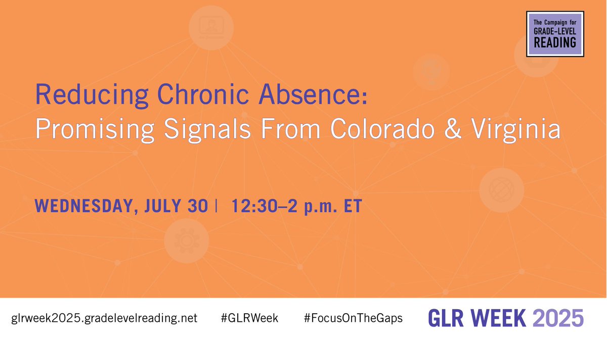 readingby3rd's tweet image. #GLRWeek 2025 will explore effective strategies reducing chronic absenteeism in VA & CO. Join @readingby3rd 7/30, 12:30 ET to learn how statewide efforts, family engagement & awareness campaigns are making a difference. @attendanceworks @IELconnects REG: bit.ly/4lkzOOl