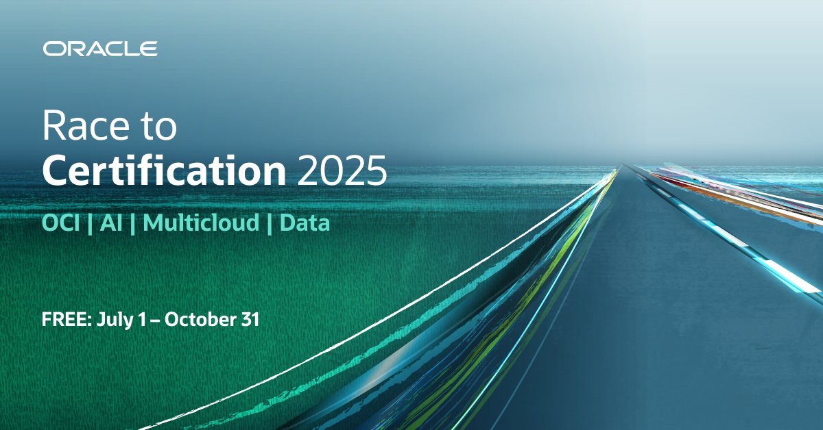 oanapdrr's tweet image. Gain in-demand skills across OCI, AI, multicloud, and data services to strengthen your expertise and advance your career. Join the Race to Certification 2025 through October 31, 2025, to earn free certification, plus exclusive rewards and digital prizes. social.ora.cl/60184YCfe