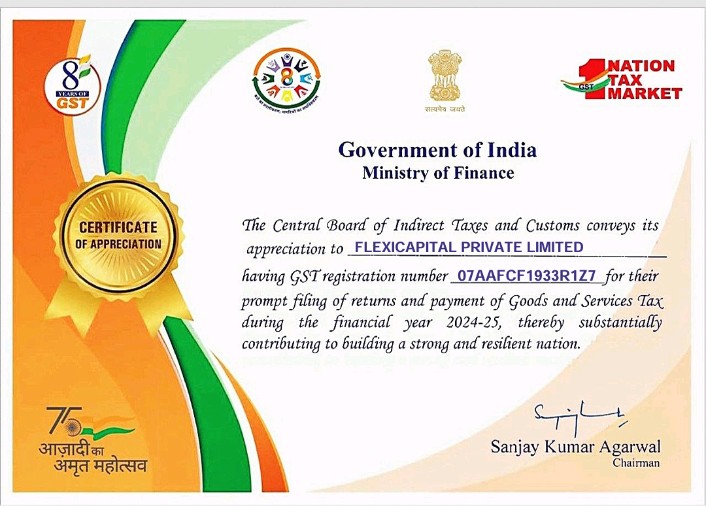 Flexi Capital is honoured to have received this felicitation from the Ministry of Finance, Govt of India for its regular and timely submissions of Goods and Services Taxes. At Flexi Capital we believe in having the  highest ethical standards with a strong control on compliance.