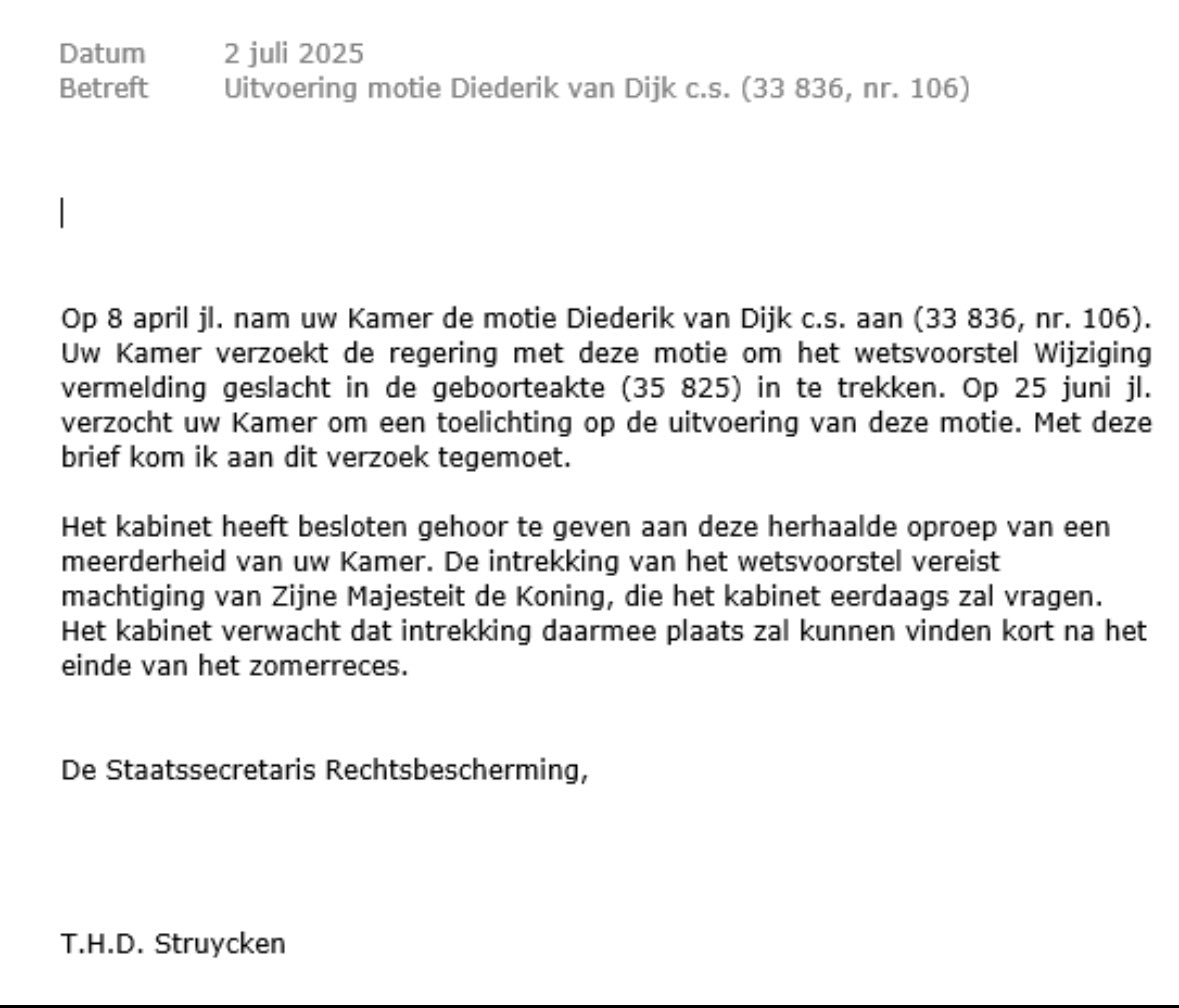 De verruiming #Transgenderwet is eindelijk ingetrokken en zal geen werkelijkheid worden. 

Wie geslacht en genderidentiteit ontkoppelt en dat in de wet vastlegt draagt bij aan toenemende verwarring in taal, onderwijs en maatschappelijke structuren.