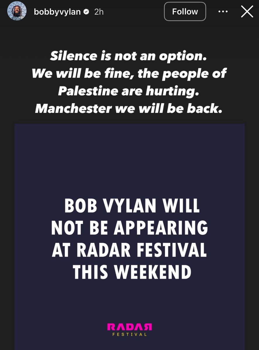 Bobby Vylan (<a href="/BobbyVylan/">Bob Vylan</a>) responds to being dropped from Manchester music festival 

“Silence is not an option.
We will be fine, the people of Palestine are hurting.
Manchester we will be back.”

LEGEND👏🏻