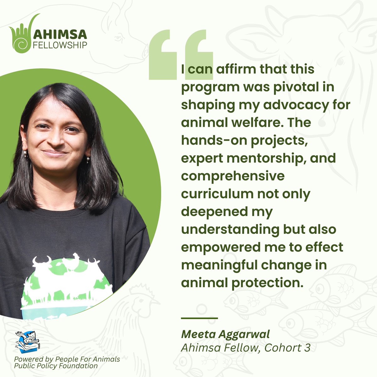 Ahimsa Fellows (@ahimsamatters) on Twitter photo An economist-turned-advocate, <a href="/meeta2407/">Meeta Aggarwal</a> joined Cohort 3 of the Ahimsa Fellowship to strengthen her work for animals.
Today, she leads farmed animal programs at PFA PPF & runs an adoption NGO in Delhi.
Apply by 20 July 2025: ahimsafellowship.org An economist-turned-advocate, <a href="/meeta2407/">Meeta Aggarwal</a> joined Cohort 3 of the Ahimsa Fellowship to strengthen her work for animals.
Today, she leads farmed animal programs at PFA PPF & runs an adoption NGO in Delhi.
Apply by 20 July 2025: ahimsafellowship.org