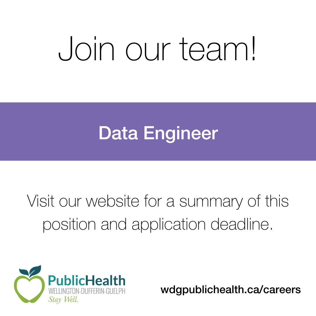 Join our team! We are currently recruiting for a Data Engineer position.⚙️Visit our website for the full job description, closing date, and application instructions.
wdgpublichealth.ca/careers