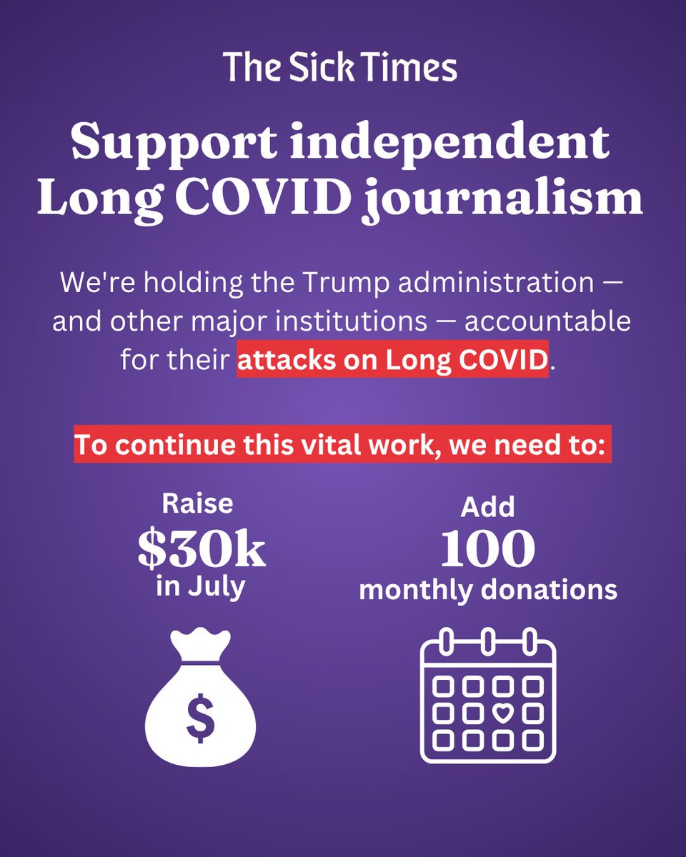 thesicktimes's tweet image. We need your help to keep our essential work going into 2026. Our start-up grant will run out at the end of this year.

This July, we’re aiming to raise $30,000. We’re also aiming to have 100 readers set up new monthly donations.

#LongCOVID

DONATE: bit.ly/3IayLBA