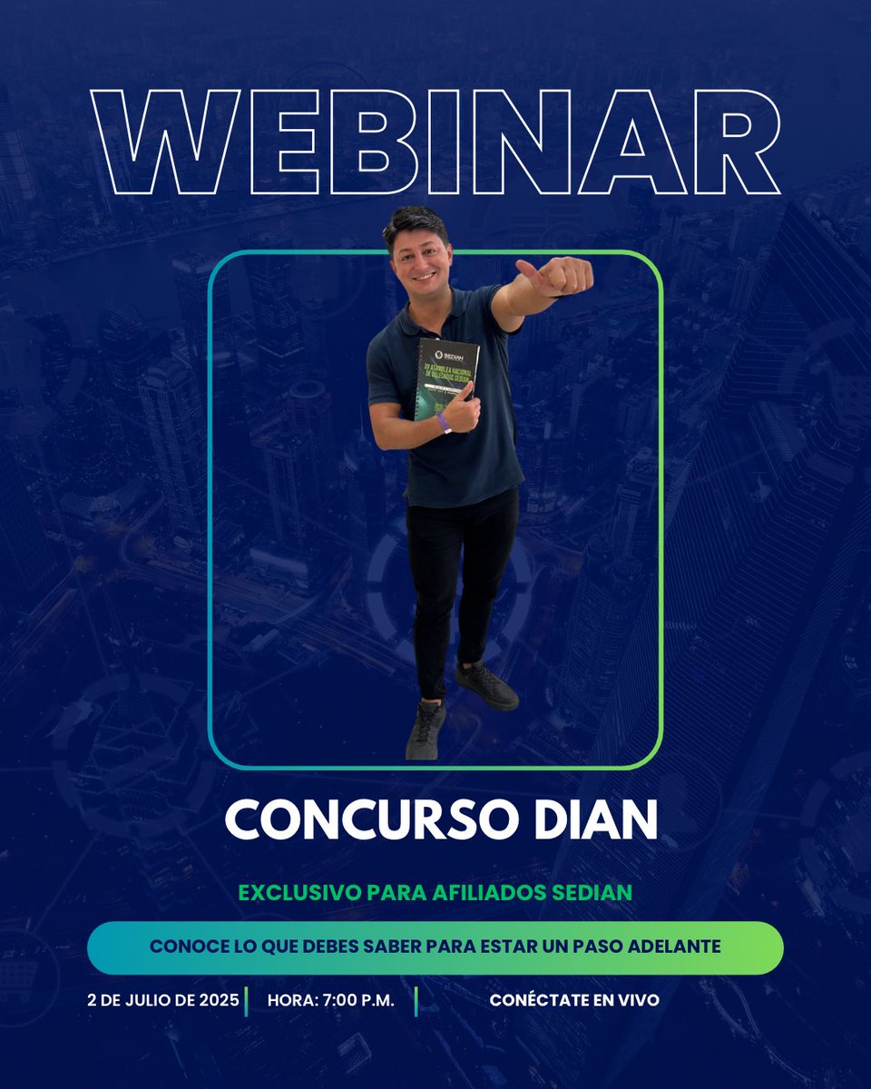 🎓📢 ¡Atención concursantes!

Hoy no te pierdas nuestro Webinar exclusivo sobre el Concurso DIAN.
Resolvemos dudas, te orientamos y te preparamos para lo que viene.

🗓️ 2 de julio de 2025
⏰7:00 pm 
📍Link de acceso a través de los canales oficiales Sedian de cada Subdirectiva.