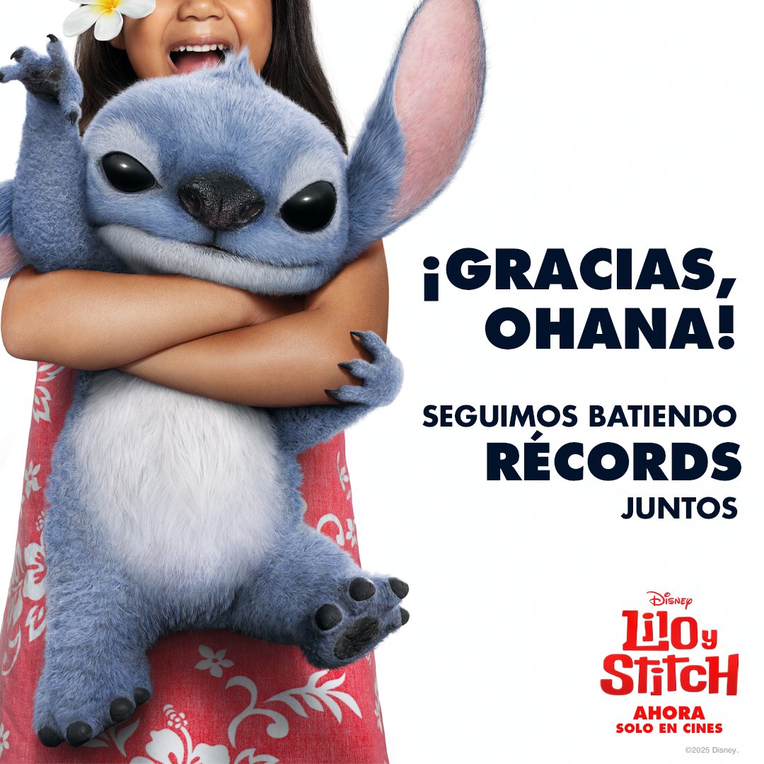 DisneyStudiosLA's tweet photo. 🌺 GRACIAS, OHANA 🌺 
#LiloYStitch es la película más vista del año, y seguimos batiendo récords juntos en cines!! Si todavía no la viste, te esperamos para disfrutar de mucho más Ohana. Ahora, solo en cines. https://t.co/CkH3o2AyNw