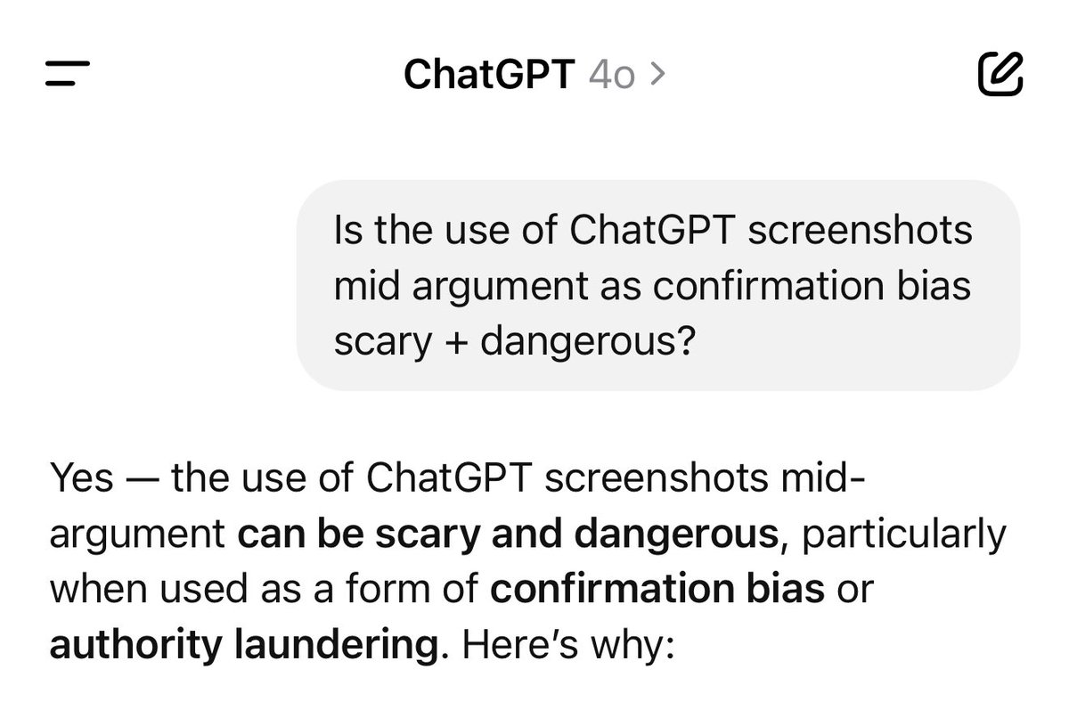 clee_nyc's tweet image. ChatGPT screenshots mid argument as confirmation bias is scary + dangerous