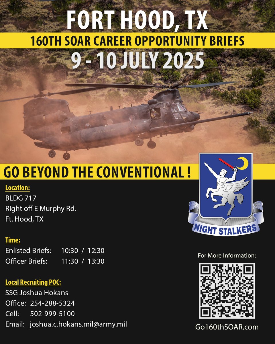 Go160thSoar's tweet image. FORT HOOD, TEXAS. The 160th SOAR recruitment team will hold career opportunity briefs on 9-10 JULY 2025 at FORT HOOD, TX. Go Beyond the Conventional! Learn More & Apply at go160thSOAR.com.
#SpecialOperationsAviation #ArmyAviation #GoArmySOF #MilitaryCareers