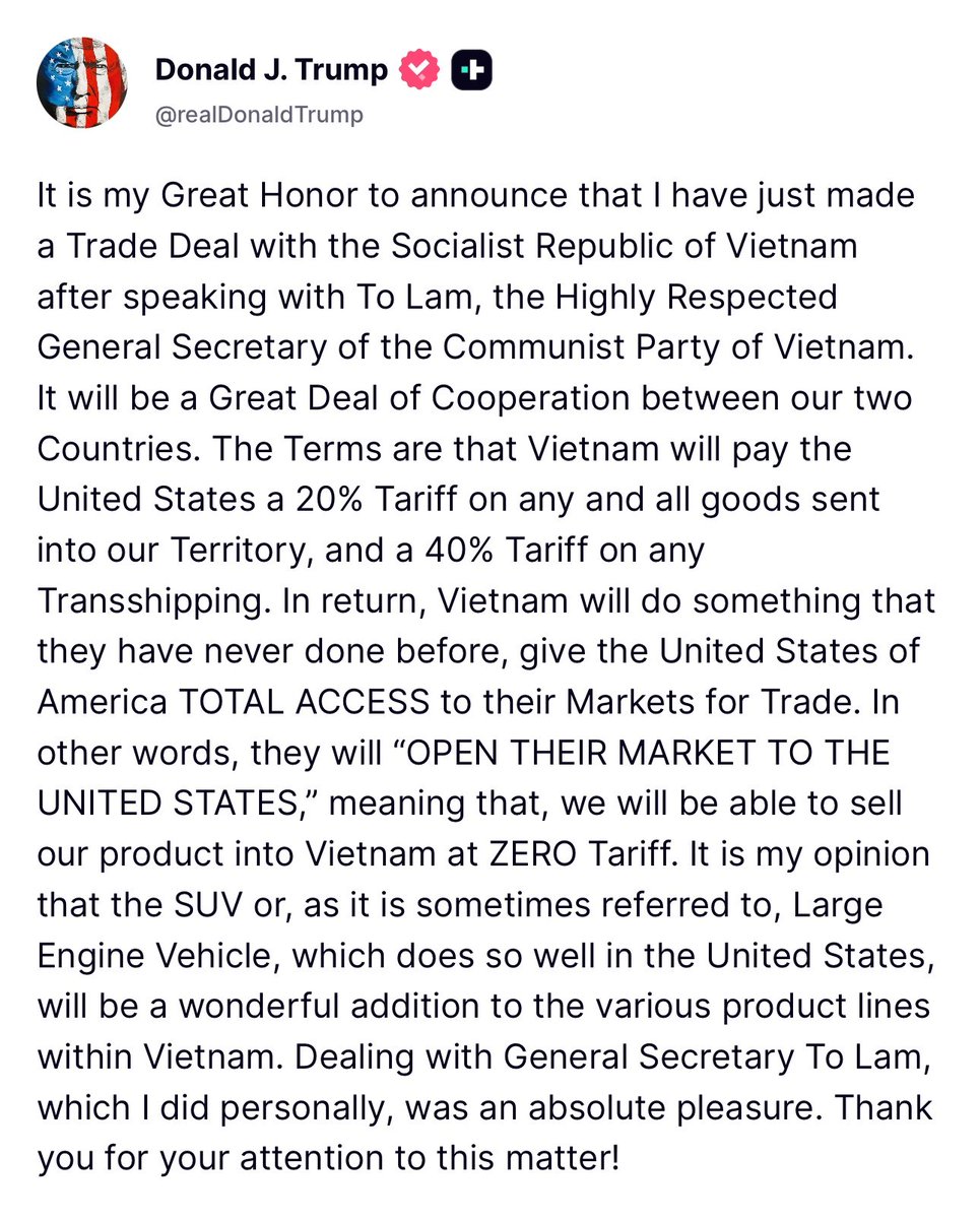 BREAKING: <a href="/POTUS/">President Donald J. Trump</a> announces a trade deal between the #USA🇺🇲 and #Vietnam🇻🇳. Not only an important economic achievement, but one that holds out the prospects of a an hugely impactful strategic play.