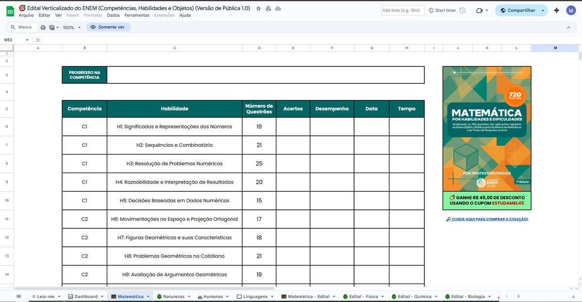 estuda_mel's tweet image. Falando nisso, tenho todas as competências + habilidades do ENEM planilhadas e organizadas por nº de questões, a planilha foi baseada na Coleção ENEM do Fredão, mas é 100% gratuita

🔎 Link: docs.google.com/spreadsheets/d…