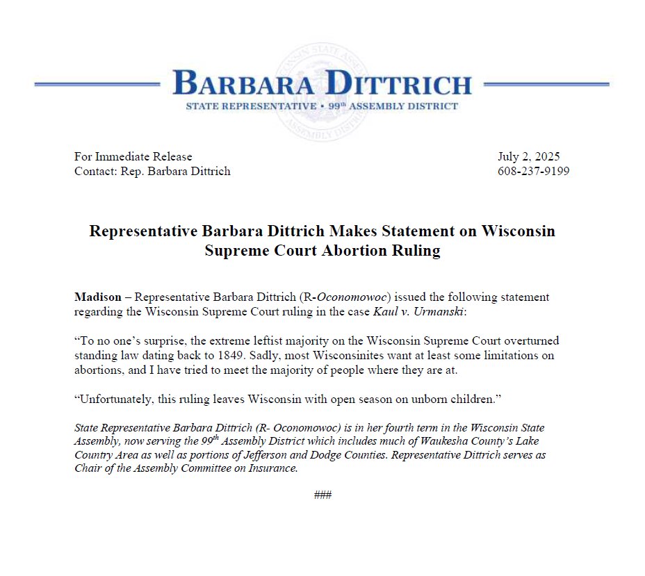 RepDittrich's tweet photo. Sad, but not surprised. You can read my full press release at: https://t.co/kOItjASSu7.
#LifeMatters #LifeIsBeautiful #ProLife #ProWoman #Wisconsin https://t.co/f9HgS2zXHk