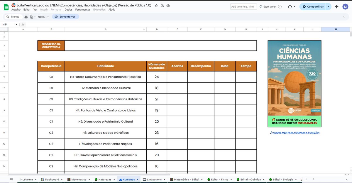 estuda_mel's tweet image. Falando nisso, tenho todas as competências + habilidades do ENEM planilhadas e organizadas por nº de questões, a planilha foi baseada na Coleção ENEM do Fredão, mas é 100% gratuita

🔎 Link: docs.google.com/spreadsheets/d…
