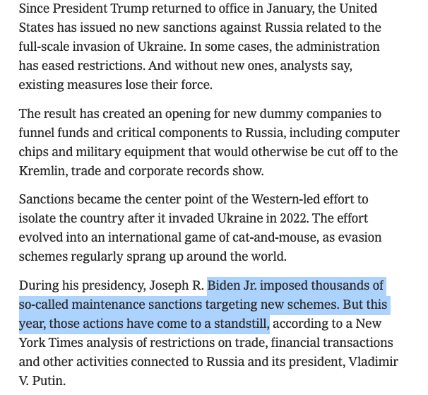 Trump is allowing the sanctions regime across Russia to fall apart week by week through what appears to be deliberate negligence. 
nytimes.com/2025/07/02/us/…