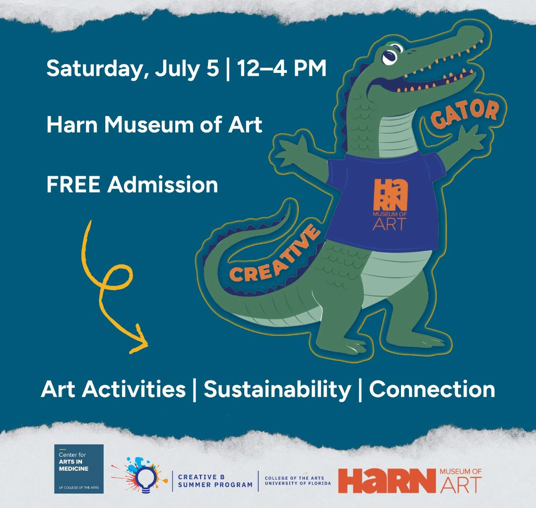 Creative Gator is July 5, noon - 4 pm. Together with @ufcam, artists John Solet, Lindsey McDougall &amp; Shannon Rogers will lead sessions that use everyday objects to create art, make postcards &amp; engage with sustainable arts. Sponsored by @ufcota Creative B &amp; Office of the Provost.