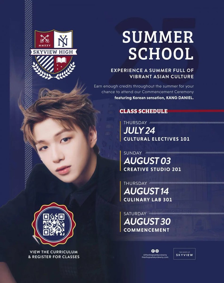 AmizaSherry's tweet photo. Kang Daniel is set to make a special appearance at the grand finale of “Skyview High,” a four-week summer event series hosted by The Shops at Skyview Mall in Queens, New York.

Running from late July through August, the series invites local teens and young adults to explore vibrant elements of Asian culture through themed activities centered around K-pop, Japanese fashion, Chinese dim sum, and more. Attendees can participate in three “summer school”-style classes throughout the month to earn credits, which grant access to an exclusive, by-invitation-only commencement ceremony on August 30. 

Kang Daniel shared, “I’m looking forward to connecting with my New York fans,” and added, “Seeing everyone express themselves through creative school uniform looks and celebrating Asian culture together will be a meaningful experience.”

Organizers encourage fans to dress in reimagined school uniforms, creating a nostalgic and festive atmosphere for this unique summer celebration. Wesley Sin, regional marketing manager for Perform Properties, owner and manager of The Shops at Skyview, shared, “We’re inviting shoppers to take a stroll down memory lane with our Skyview High series of events this July and August. We invite our Skyview High guests to re-create or embellish this look as they come back to ‘school’ this summer at The Shops at Skyview.”

[Excerpt from alkpop article]