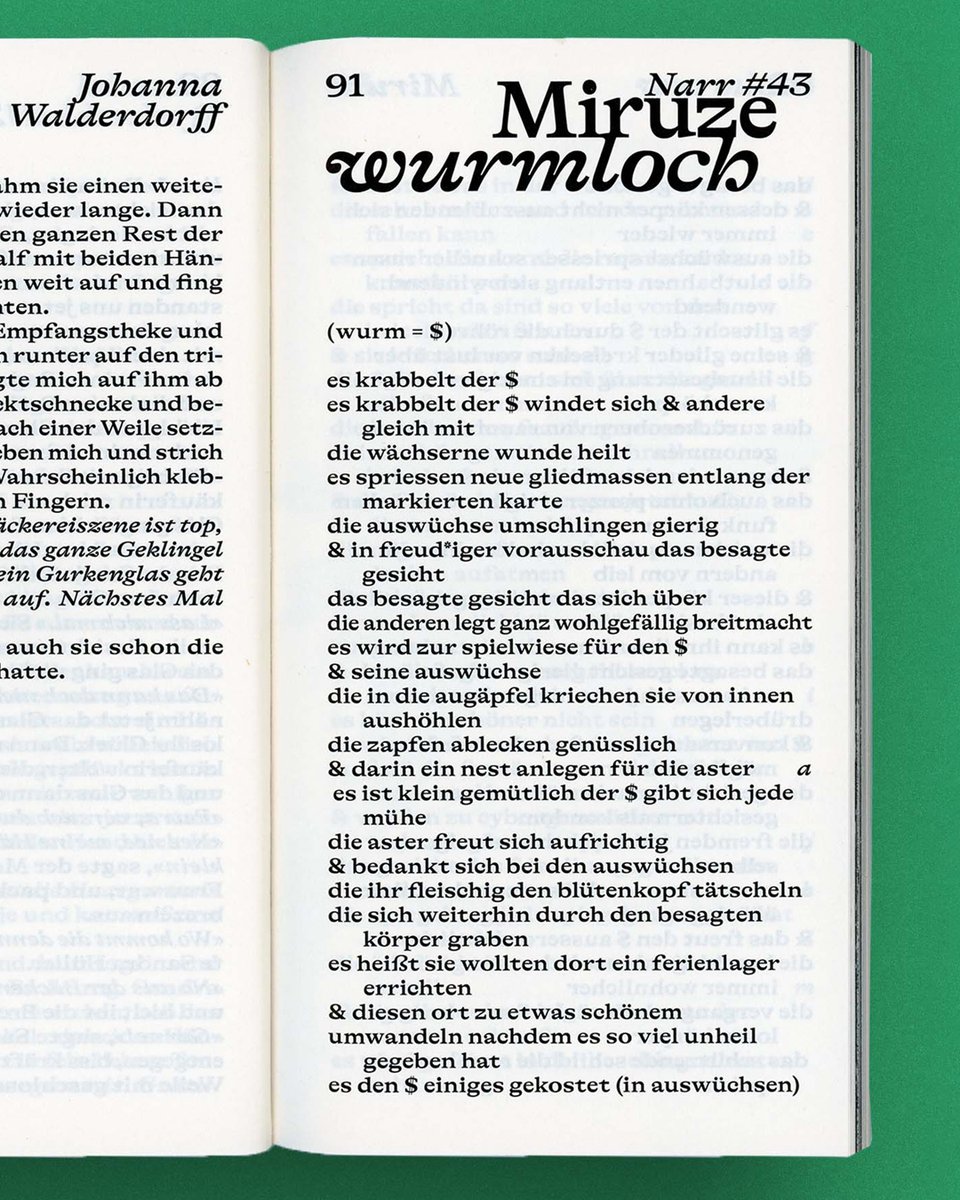 grillitype's tweet image. GT Alpina in Das Narr 🐛
Issue #43 of the Swiss lit mag features GT Alpina Extended Bold—bringing the feel of ink on paper into a fresh tone and inspired by Kafka’s Metamorphosis.
