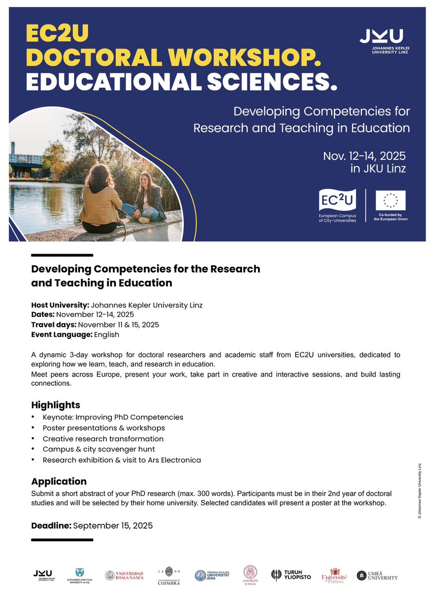 Juan José Rastrollo Suárez (@rastrollo_juanj) on Twitter photo 🎓 ¿Eres doctorando/a en la <a href="/usal/">Universidad de Salamanca</a>? ¡Esta oportunidad es para ti!
Participa en el <a href="/EC2U_Alliance/">EC2U Alliance of European Universities</a> Doctoral Workshop en Linz (Austria), 12–14 nov. 2025.
🌍 Investigación + docencia en Ciencias de la Educación.
🗓️ Solicita hasta el 31 julio
📲 ec2u-usal.eu/convocatorias
📧 ec2u@usal.es 🎓 ¿Eres doctorando/a en la <a href="/usal/">Universidad de Salamanca</a>? ¡Esta oportunidad es para ti!
Participa en el <a href="/EC2U_Alliance/">EC2U Alliance of European Universities</a> Doctoral Workshop en Linz (Austria), 12–14 nov. 2025.
🌍 Investigación + docencia en Ciencias de la Educación.
🗓️ Solicita hasta el 31 julio
📲 ec2u-usal.eu/convocatorias
📧 ec2u@usal.es