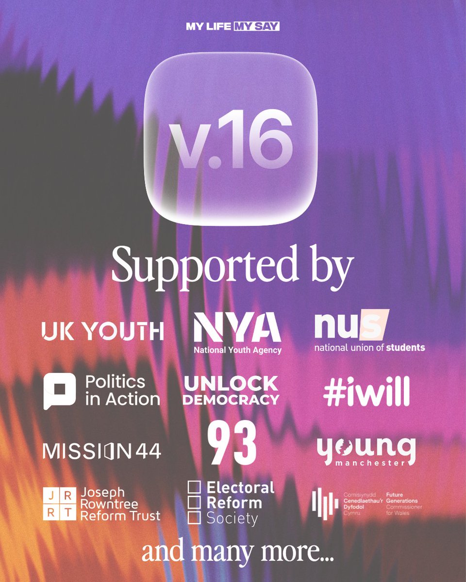 mylifemysay's tweet image. 📲 v.16 is the latest version of the movement to extend the franchise and grant 16 and 17-year-olds the right to vote
🤝 We’re proud to have the support of our partners from across the democracy sector and beyond!
🔗 Visit mylifemysay.org.uk/votesat16 to see how you can be part of…