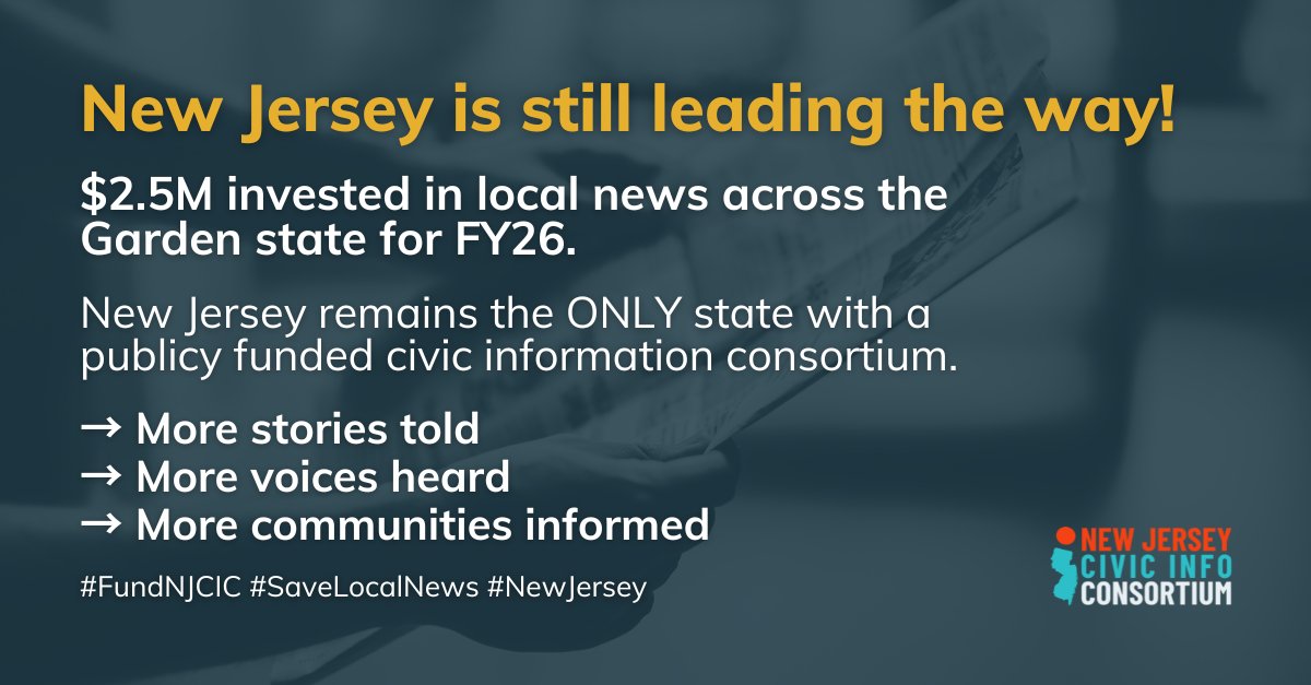 NJCivicInfo's tweet image. NJ is still leading the way!
We’re proud to be the ONLY state in the nation with a publicly funded civic information consortium.
This means more stories told, more voices heard, and more communities informed. Let’s keep going.
Stay connected here: secure.everyaction.com/-A4uO6gJP0ami_…