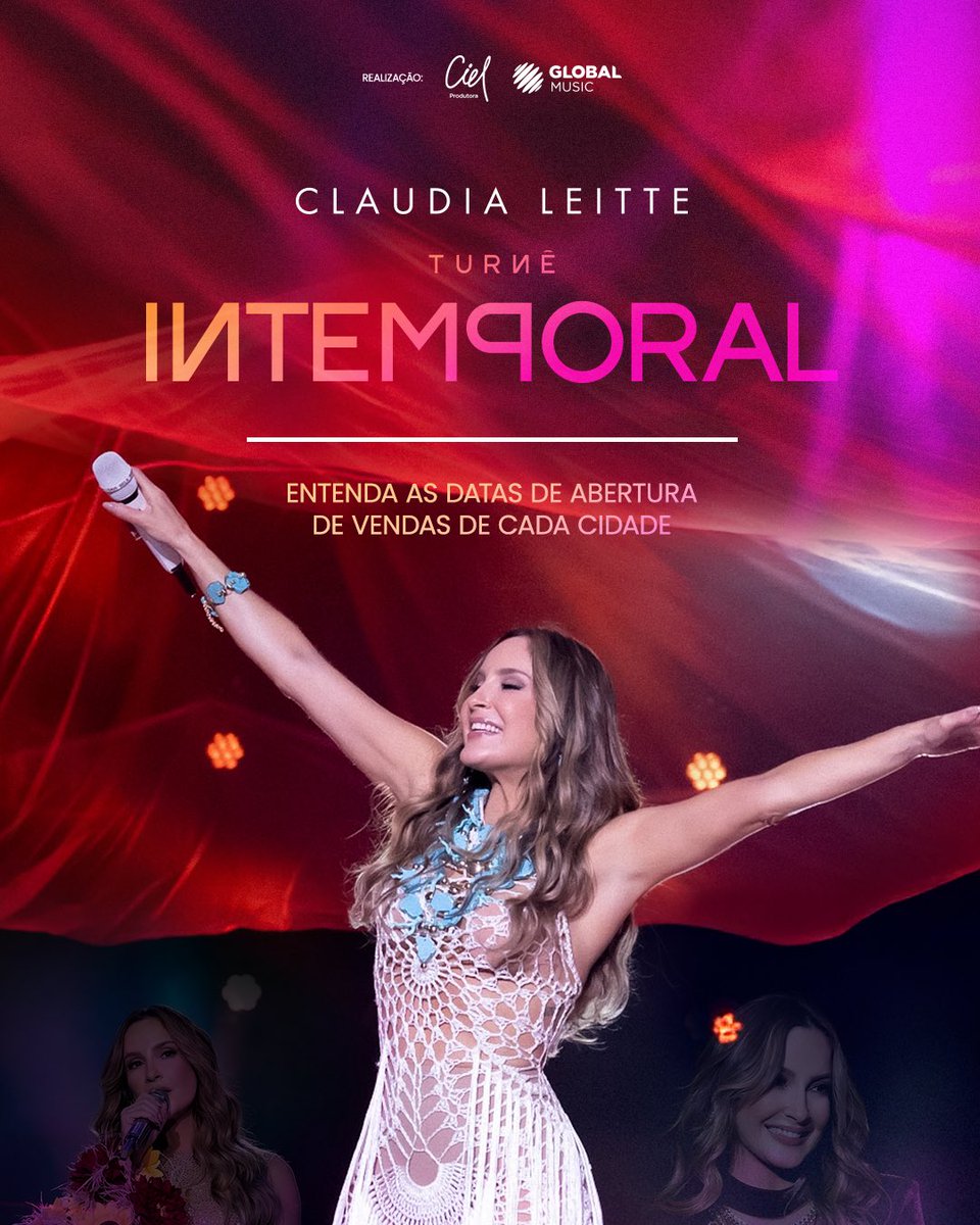 ClaudiaLeitte's tweet photo. A turnê Intemporal é um convite pra sentir o agora com mais leveza, ouvir a música com o coração e sentir com a alma 🤍 Confira o cronograma de vendas de acordo com as cidades e programe-se para vivermos isso juntos! 

#TurnêIntemporal #ClaudiaLeitte #Intemporal https://t.co/fgWjhAa7RQ